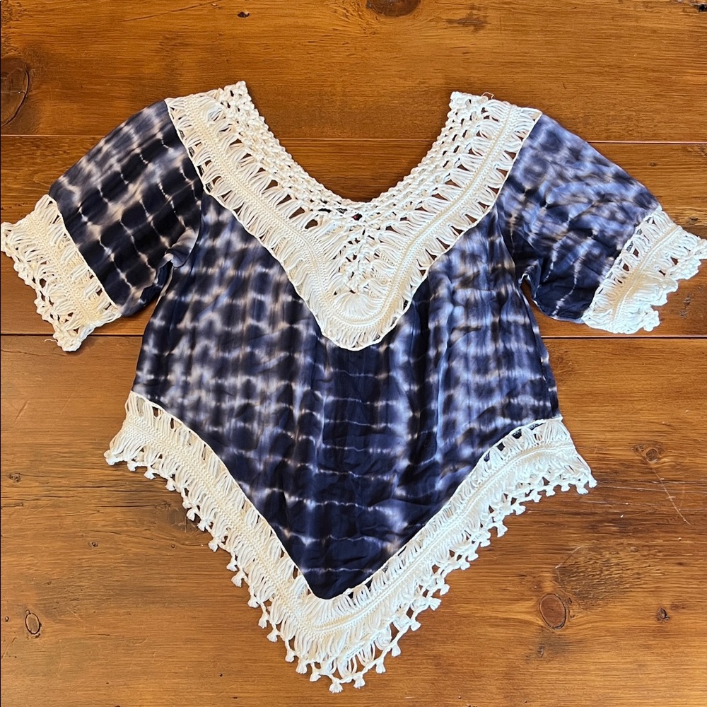 Navy Tie-Dye Crochet Trim Blouse